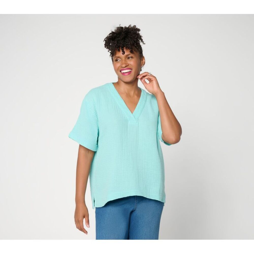Susan Graver Women's Top Petite 1XP Cotton Gauze Pullover Blue